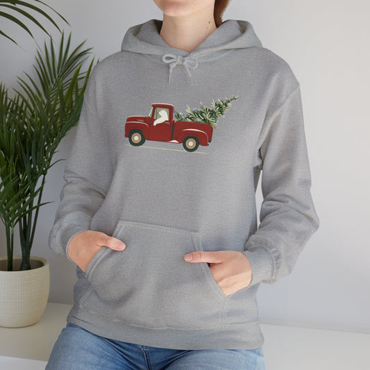 Person wearing a gray hoodie with a red truck and Christmas tree design, standing against a neutral background.