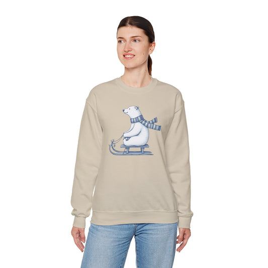 Sledding Polar Bear Sweatshirt, Cozy Winter Graphic Heavyweight Fleece