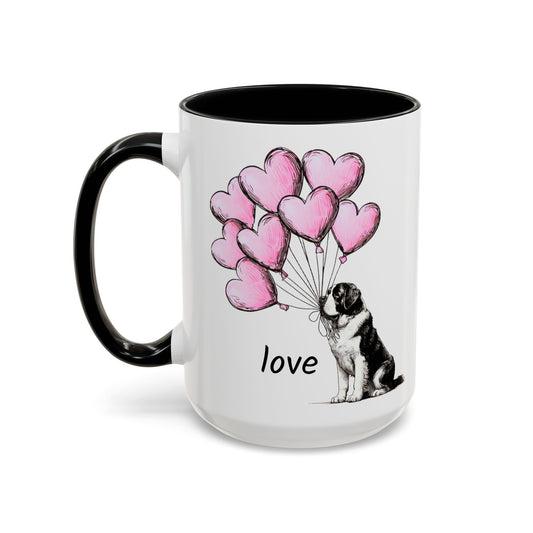 White mug with black handle featuring a Saint Bernard dog holding pink heart balloons and the word 'love'.