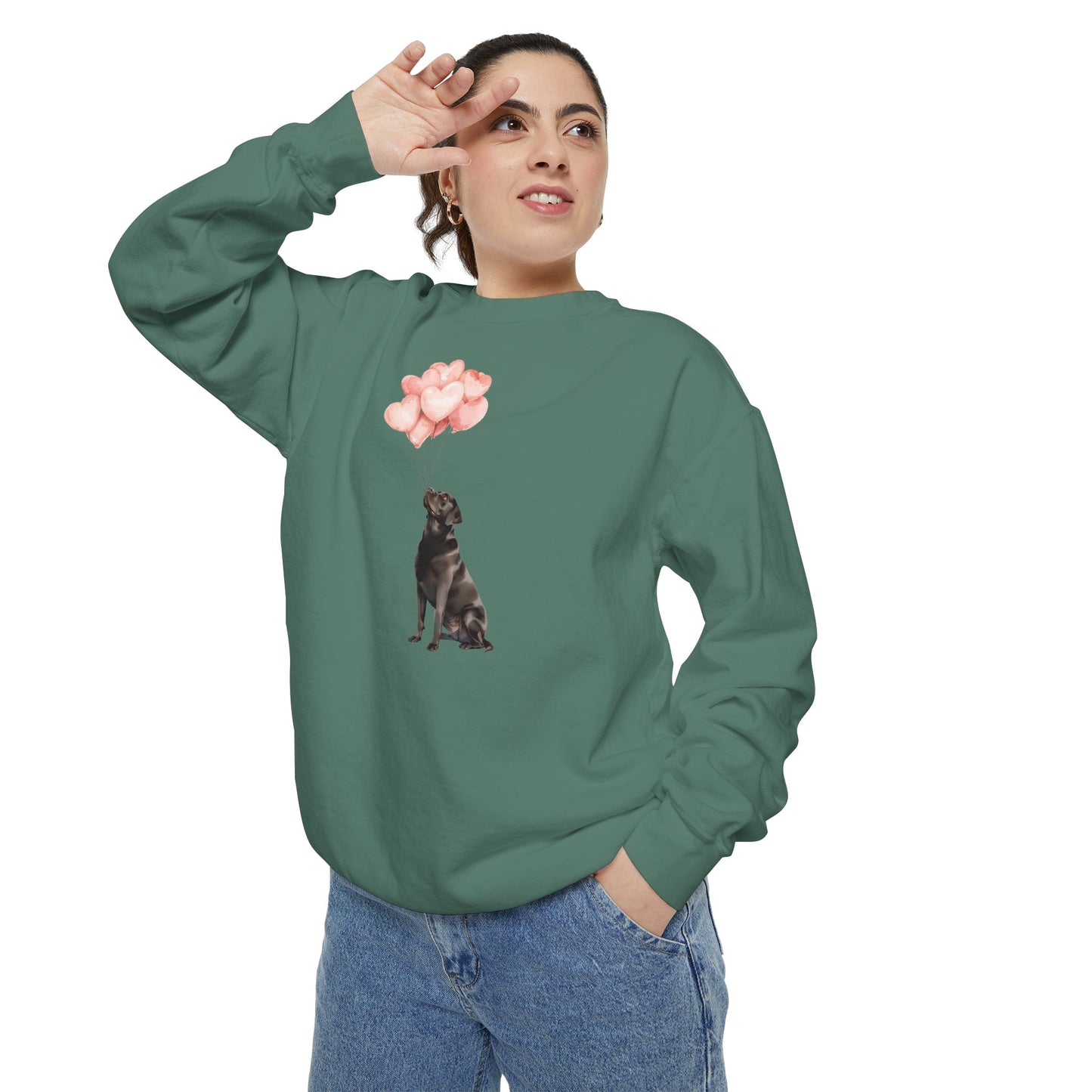 Black Labrador with Heart Balloons Comfort Colors Sweatshirt