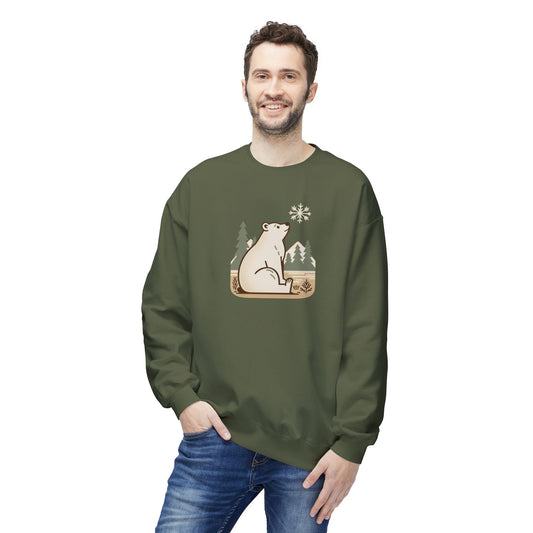 Man wearing a green sweatshirt with a bear graphic on a white background