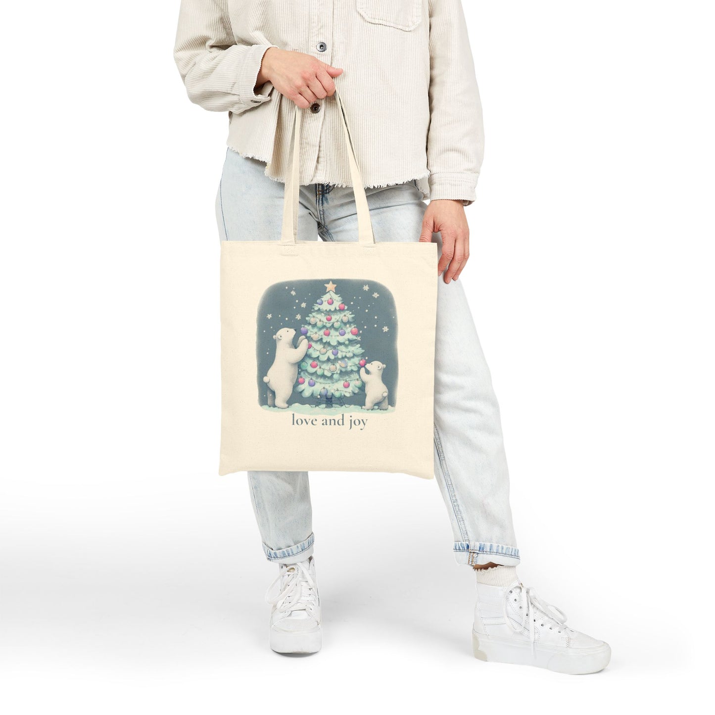 'Love and Joy' Holiday Polar Bear Canvas Tote | Holiday Den Edition