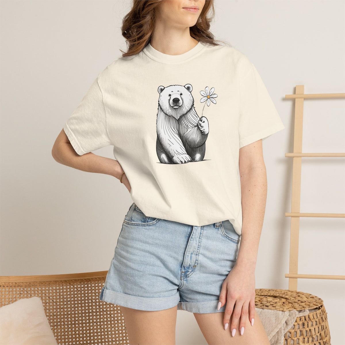 Sketch Polar Bear Holding Daisy Comfort Colors Tee