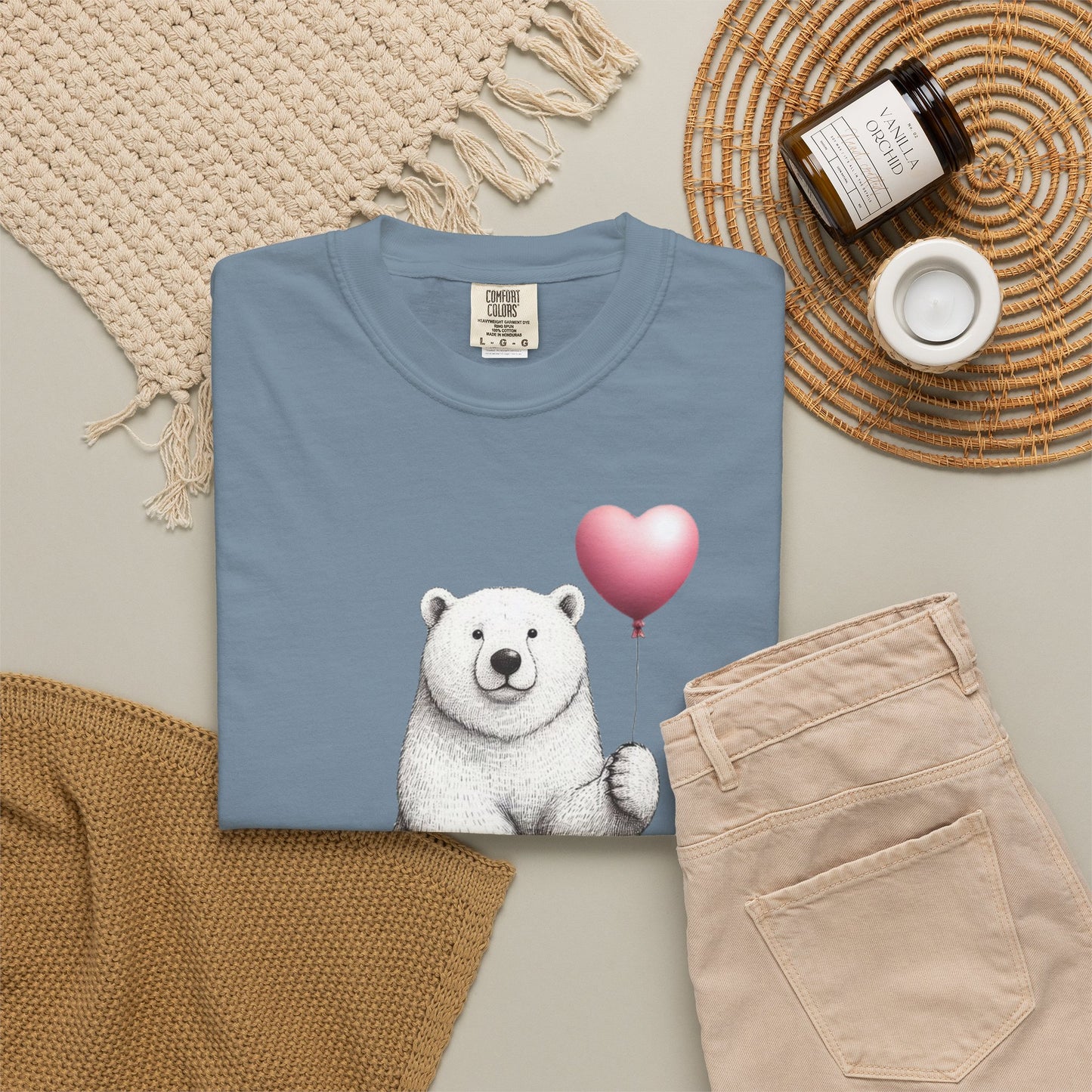 Sketch Polar Bear Heart Balloon Comfort Colors Tee
