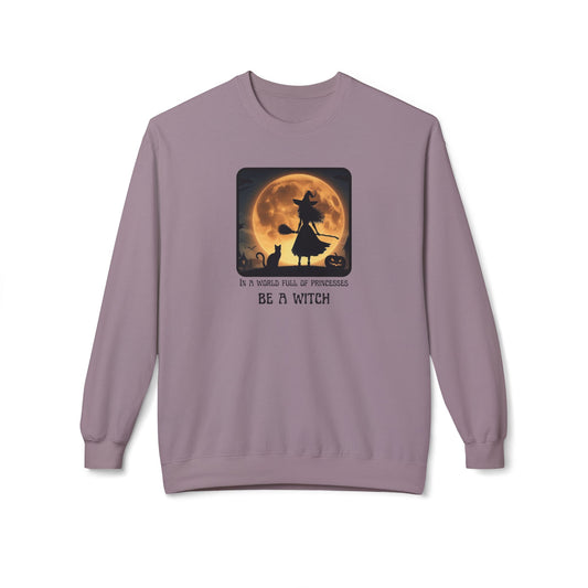 Purple sweatshirt with witch graphic and text on a white background