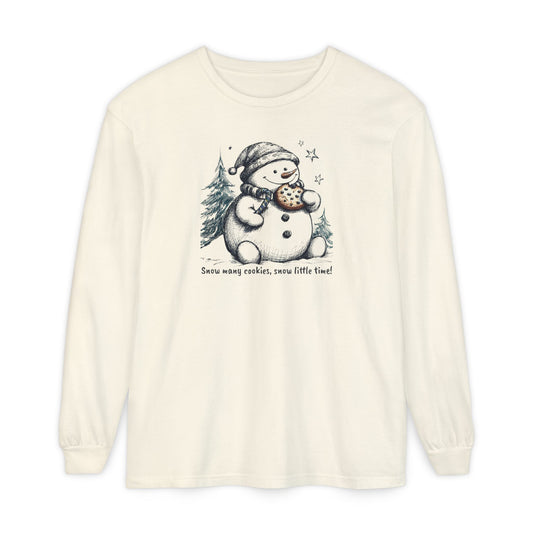 Comfort Colors Snowman Christmas Shirt – “Snow Many Cookies” Funny Holiday Long Sleeve Tee