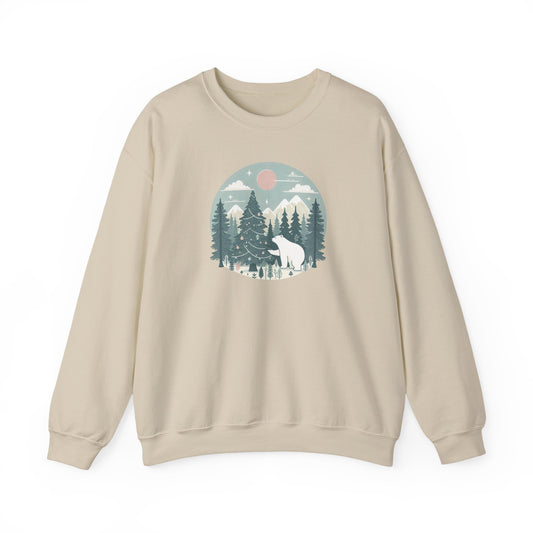 Polar Bear Decorating the Christmas Tree- Winter Forest Graphic Crewneck