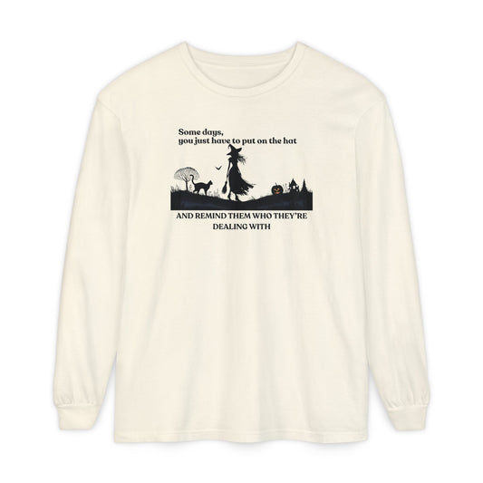 Long sleeve cream colored Comfort Colors Halloween t-shirt with witch hat design – feminist fall graphic tee by Stompy Paws