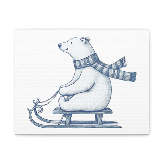 Polar Bear on Sled, Cozy Winter Wall Art, Nordic Christmas Canvas