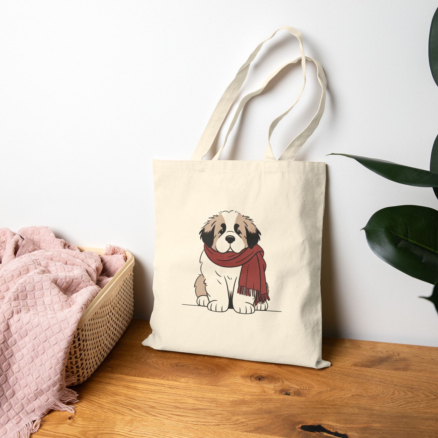 Saint Bernard Puppy Scarf Bear Premium Canvas Tote | Cozy Den Edition