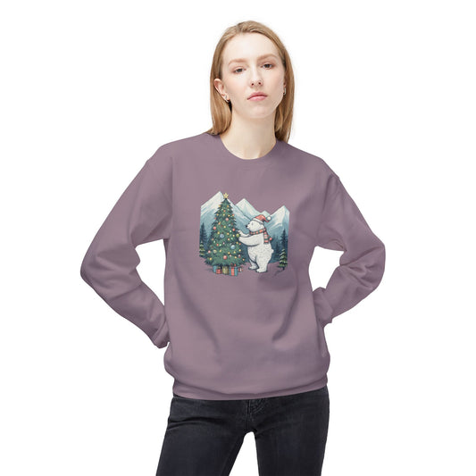 Person wearing a purple sweatshirt with a Christmas-themed design on a white background