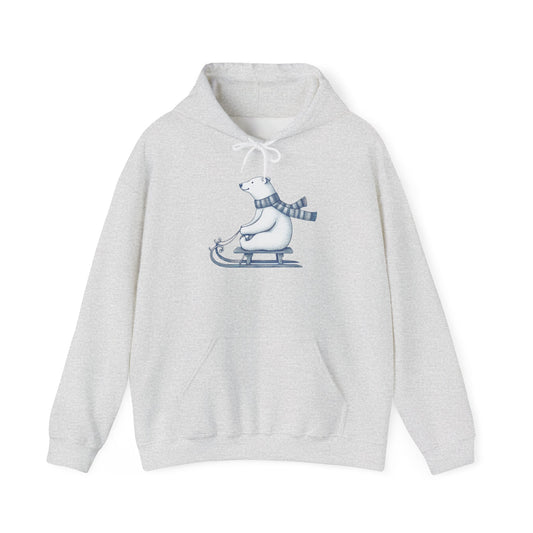 Sledding Polar Bear Hoodie, Cozy Winter Christmas Graphic Sweatshirt