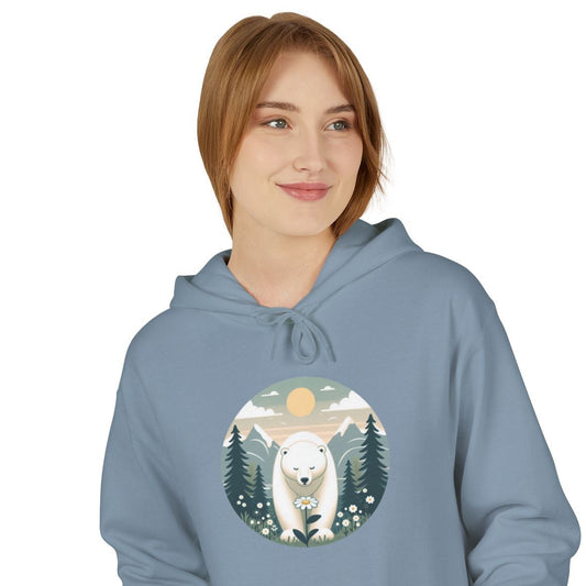 Person wearing a blue hoodie with a polar bear graphic on a white background