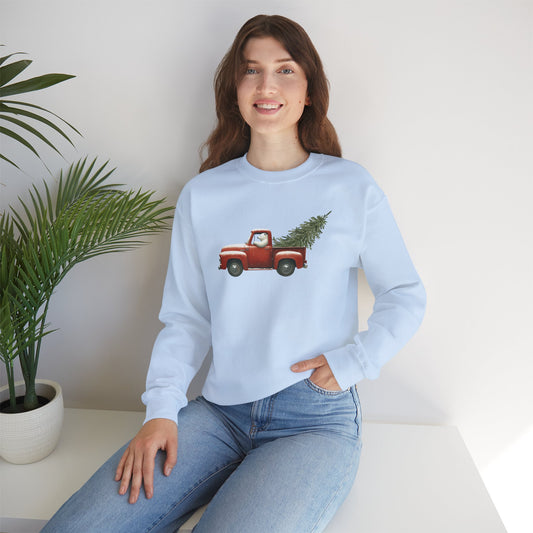 Woman wearing a light blue sweatshirt with a red truck and Christmas tree design, sitting on a white surface with a plant in the background.