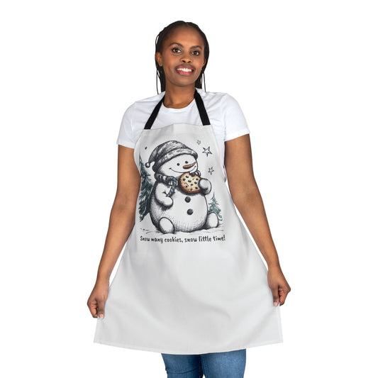 Woman wearing a white apron with a snowman design on a white background