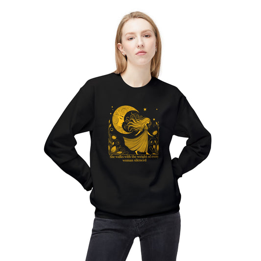 She Walks With The Weight of Every Woman Silenced | Feminist Sweatshirt