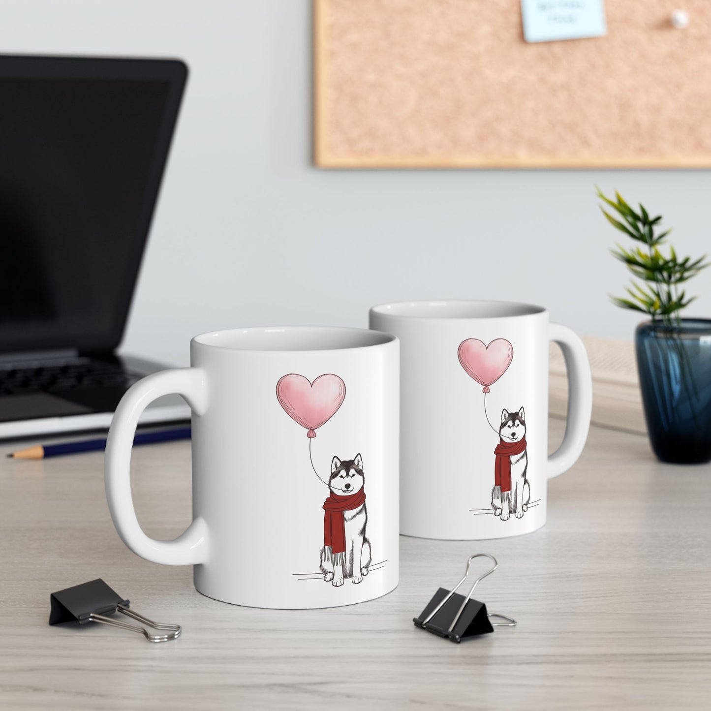 Siberian Husky with Heart Balloon Mug, 15 oz