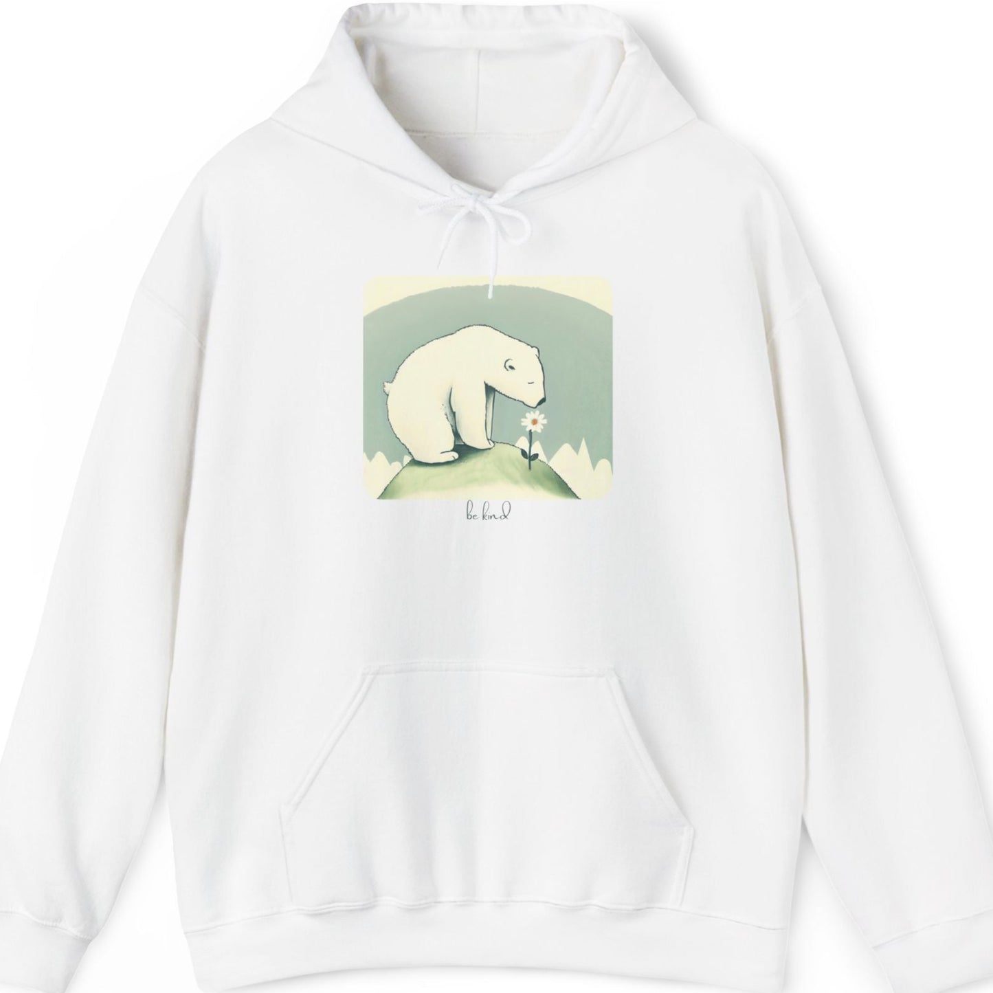 White hoodie with a graphic of a polar bear on a white background