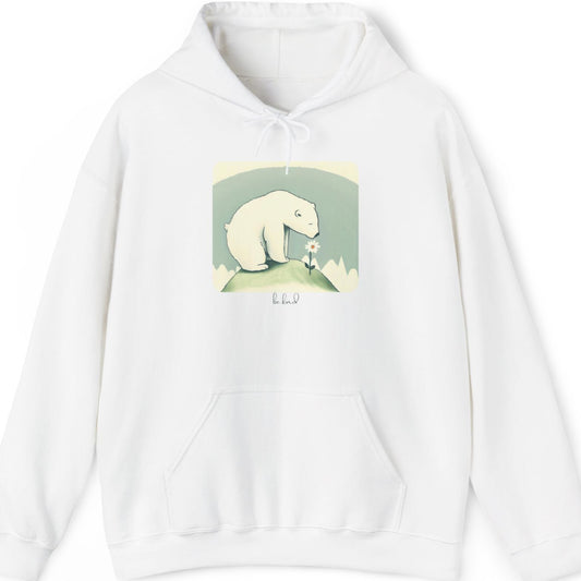 White hoodie with a graphic of a polar bear on a white background