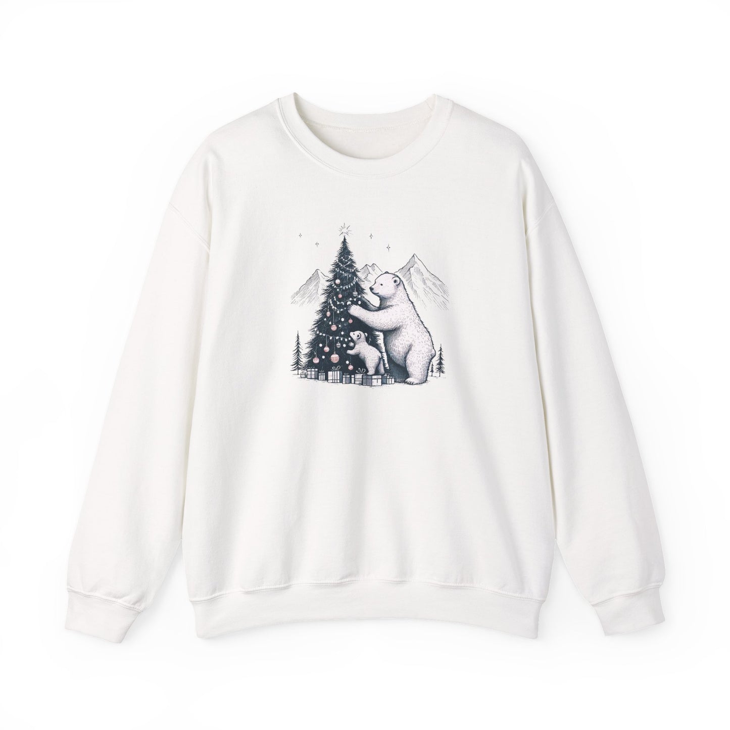 Winter Pine Bears Heavyweight Sweatshirt, Vintage Christmas Tree Scene