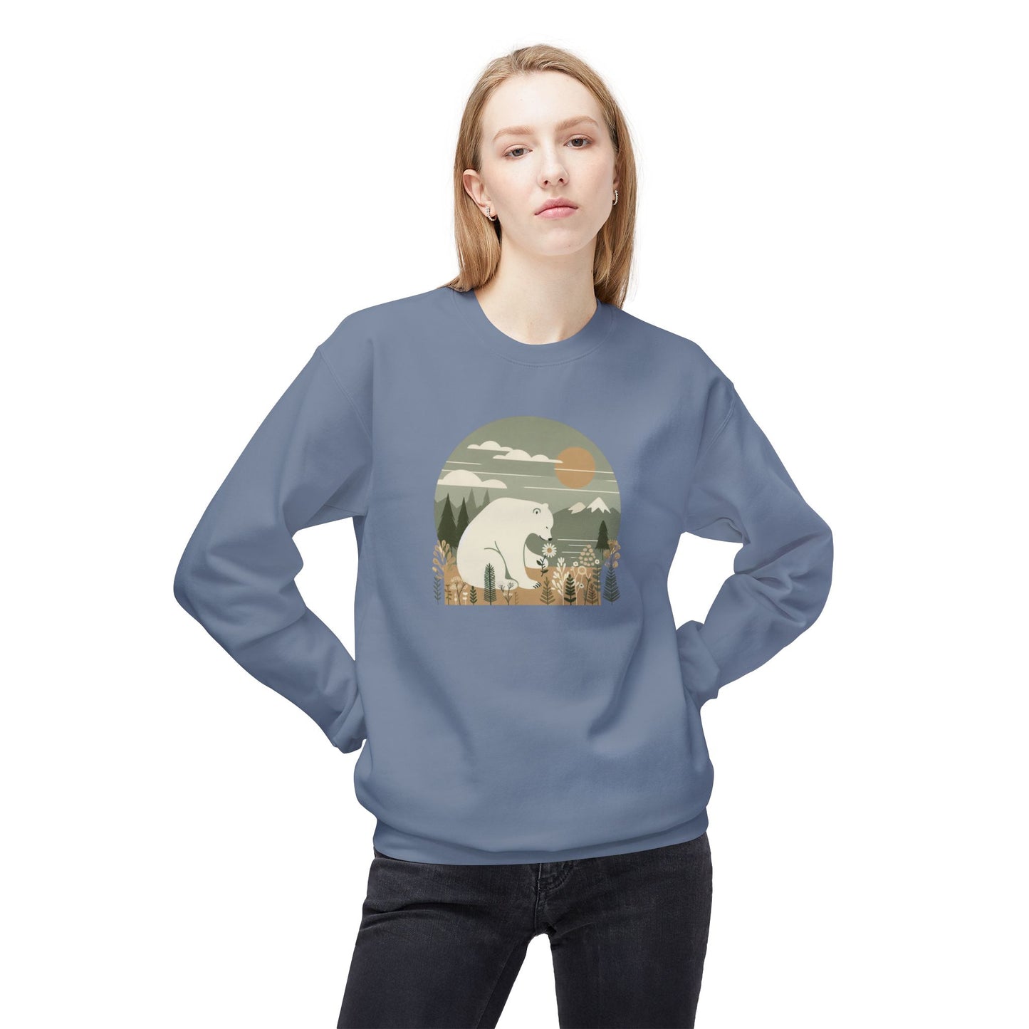 Polar Bear and Daisy Midweight Sweatshirt, Minimalist Nature Graphic