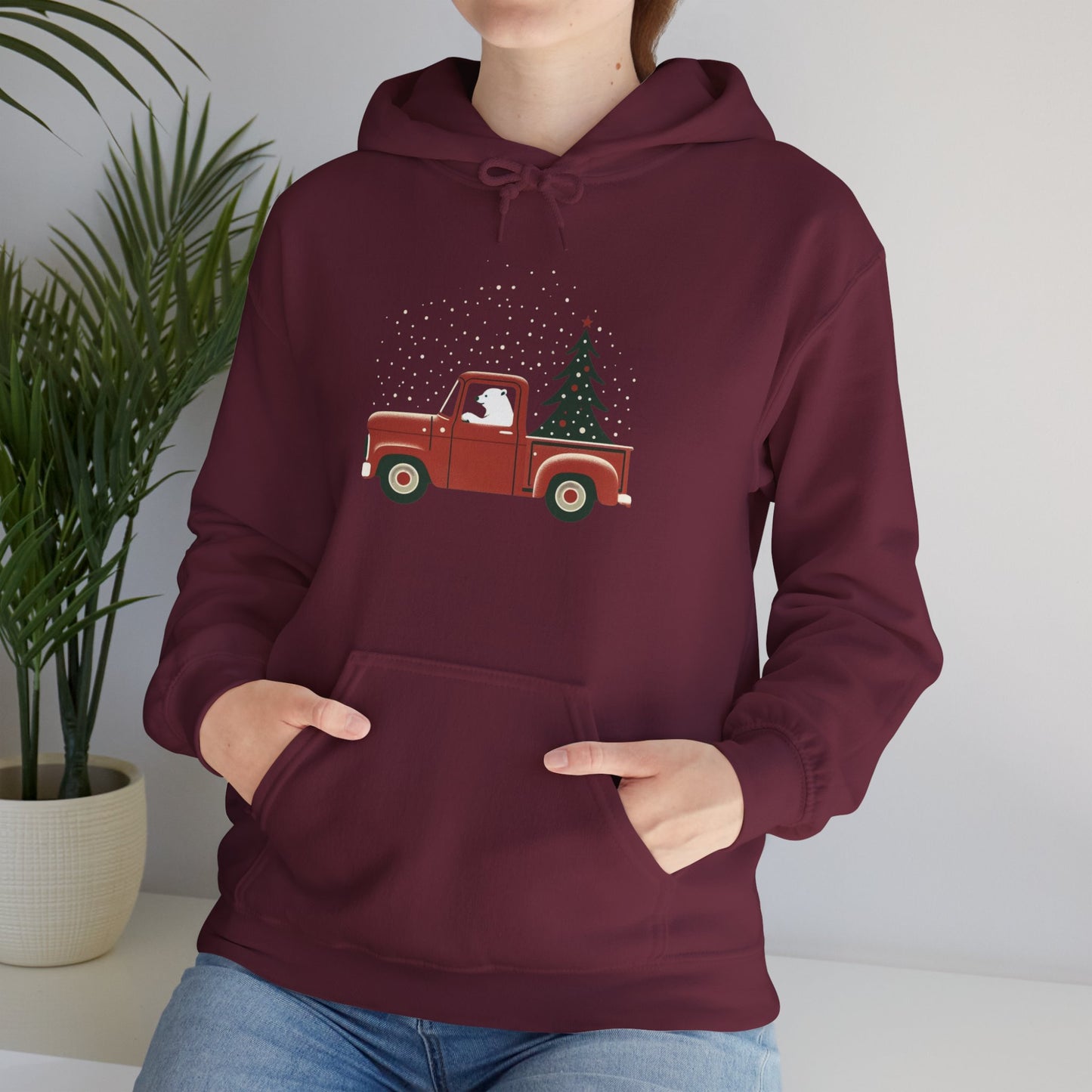 Polar Bear Holiday Haul, Vintage Red Christmas Truck Heavyweight Hoodie