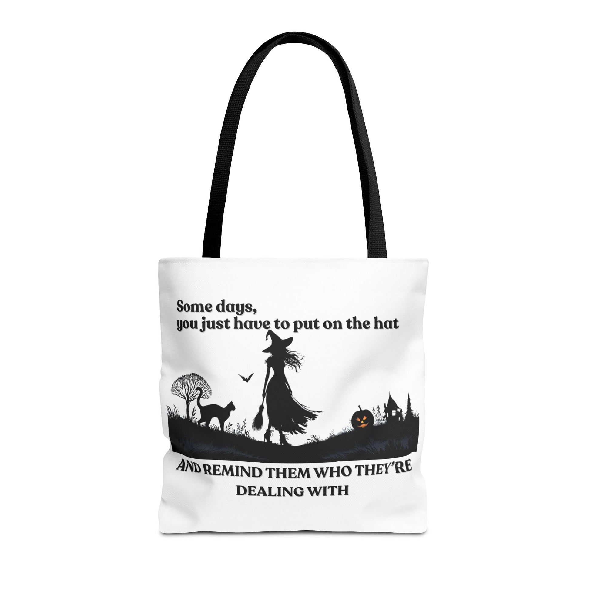 Tote bag with a witch design and text on a white background