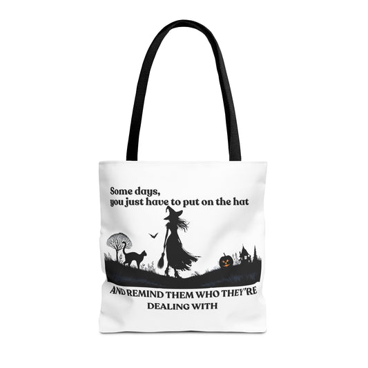 Tote bag with a witch design and text on a white background