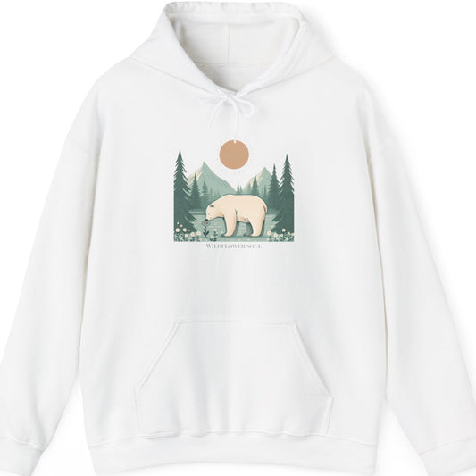 White hoodie with a bear and forest graphic on a white background