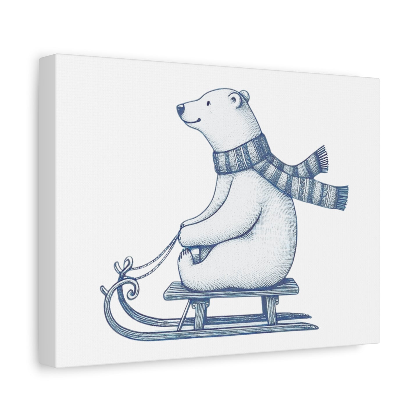 Polar Bear on Sled, Cozy Winter Wall Art, Nordic Christmas Canvas