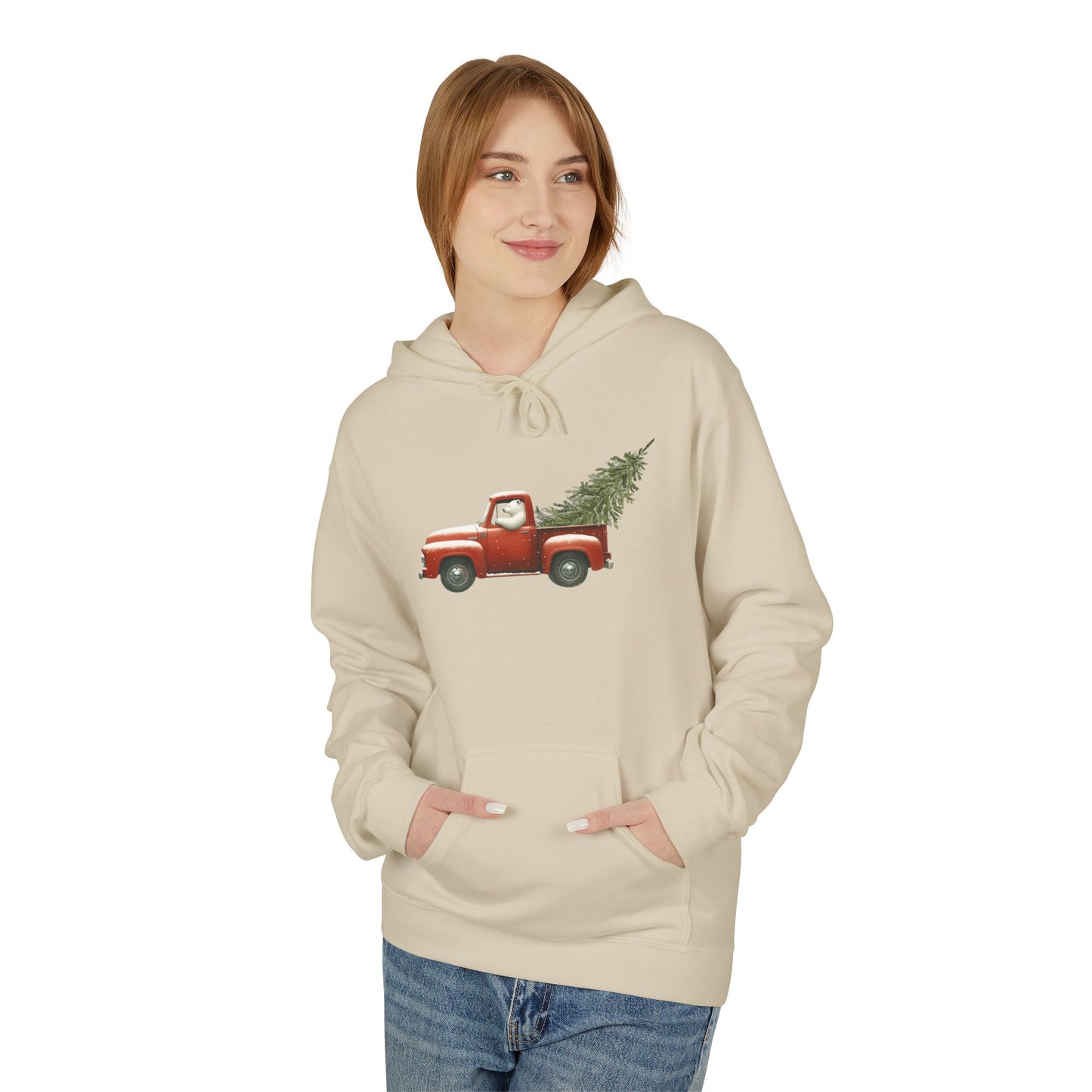 Snowy Christmas Ride, Polar Bear Red Truck Design Midweight Hoodie