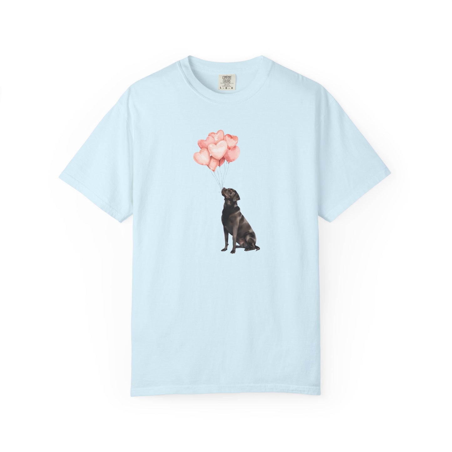 Black Labrador with Heart Balloons Comfort Colors Tee