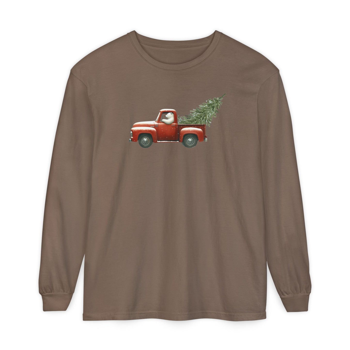 Snowy Christmas Ride, Polar Bear Red Truck Design Long Sleeve Tee