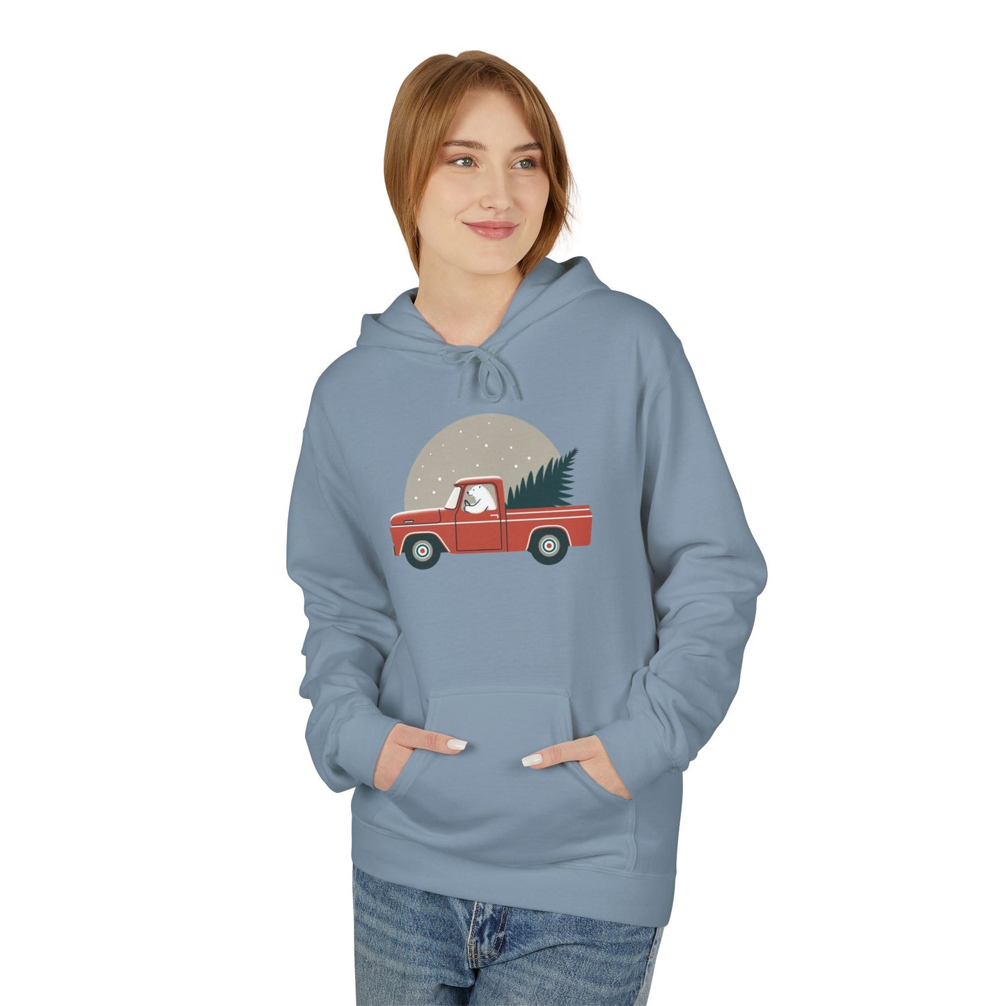 Moonlit Haul, Polar Bear Christmas Truck Design Midweight Hoodie