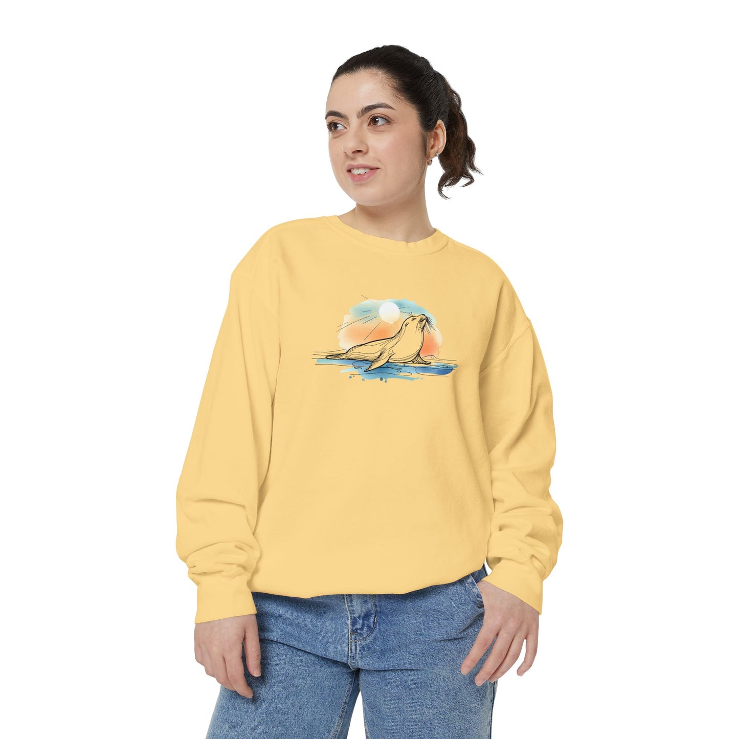 The Sunrise Seeker Watercolor Sea Lion Sweatshirt | Shoreline  Den