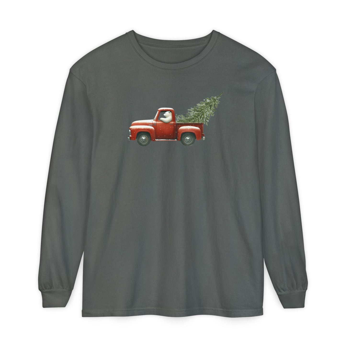 Snowy Christmas Ride, Polar Bear Red Truck Design Long Sleeve Tee
