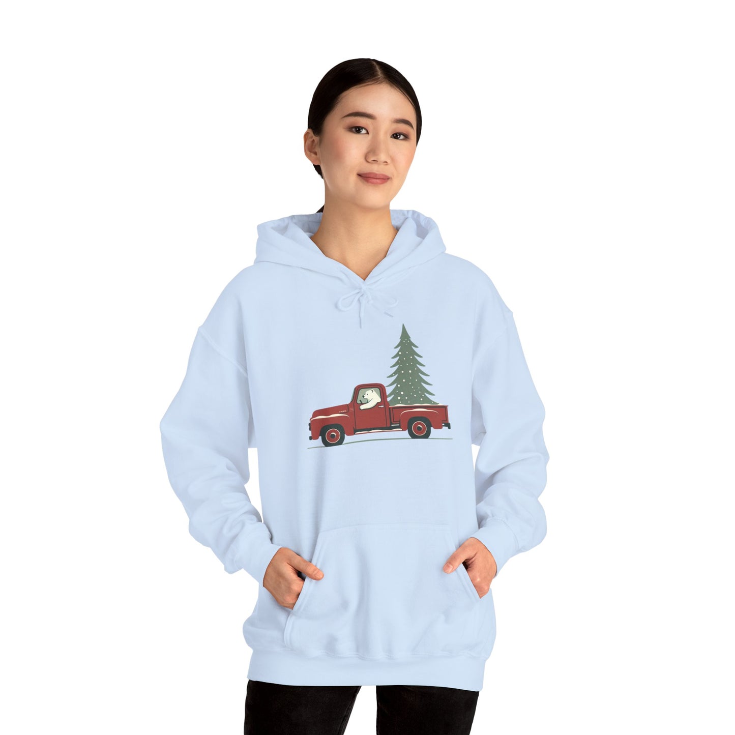 Polar Bear Evergreen Run, Vintage Red Christmas Truck Sweatshirt Heavyweight Hoodie