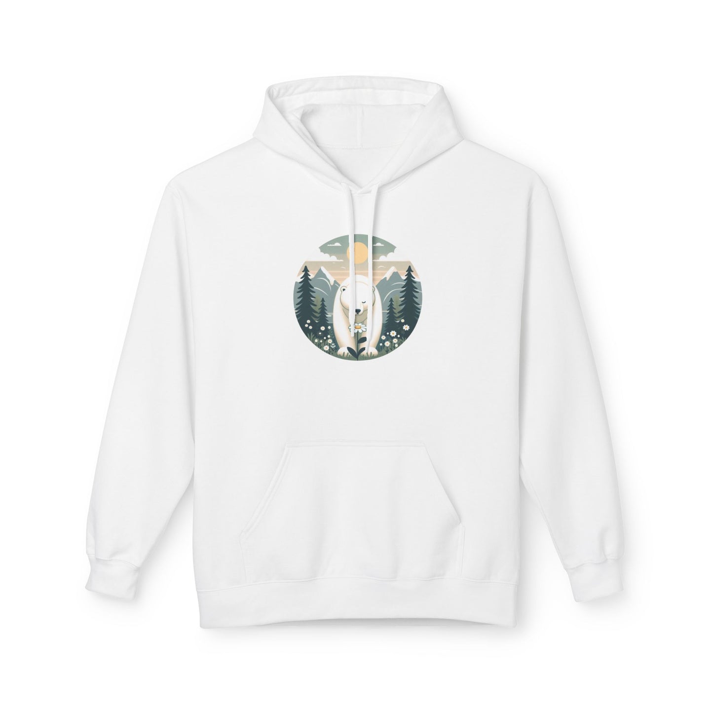 Polar Bear & Wildflower Mountain Hoodie, Midweight Cozy Nature Graphic Sweatshirt