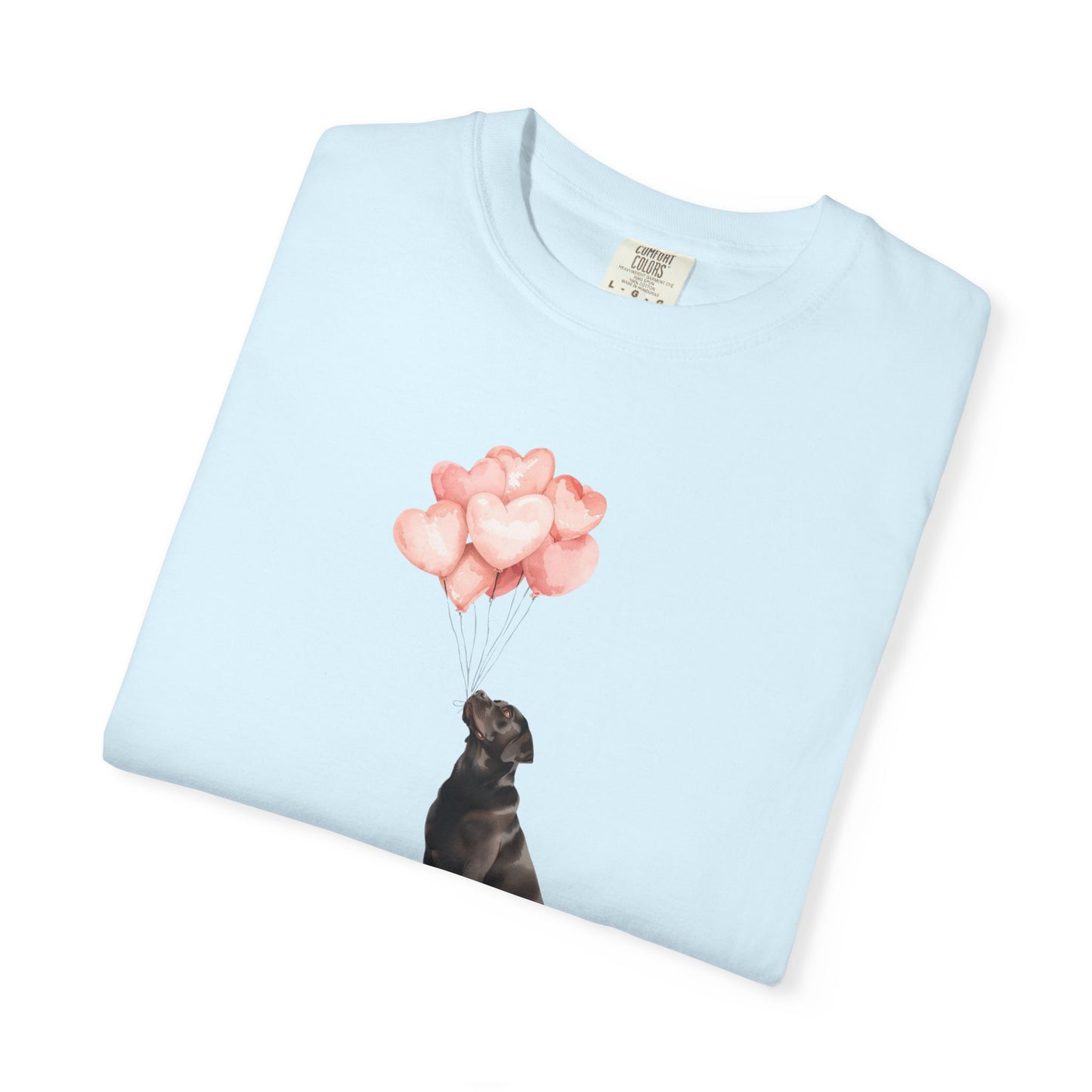 Black Labrador with Heart Balloons Comfort Colors Tee
