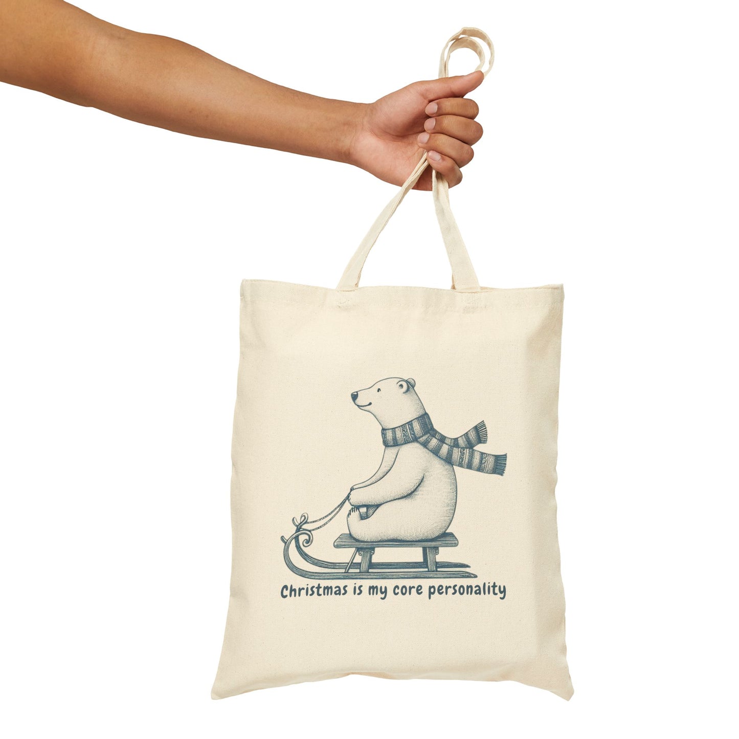 Christmas is My Core Personality Tote Bag, Polar Bear Winter Canvas Market Bag, Holiday Shopping Tote