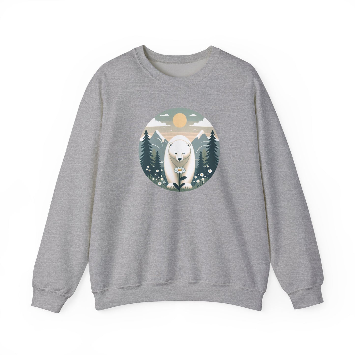 Gray sweatshirt with a polar bear graphic on a white background