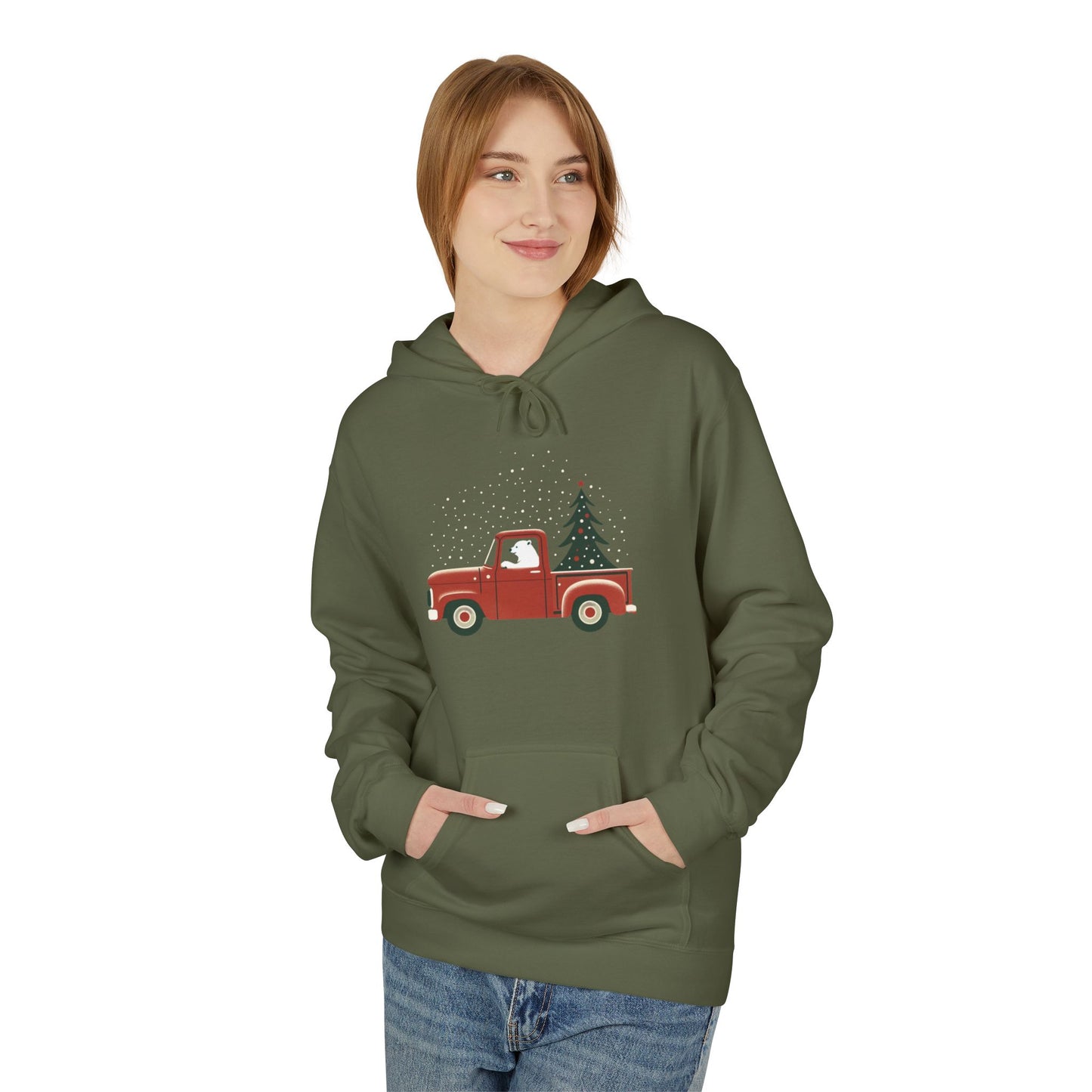Polar Bear Holiday Haul, Vintage Red Christmas Truck Midweight Hoodie