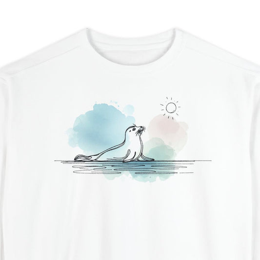 White sweatshirt with a graphic of a seal on water and colorful abstract design on a white background