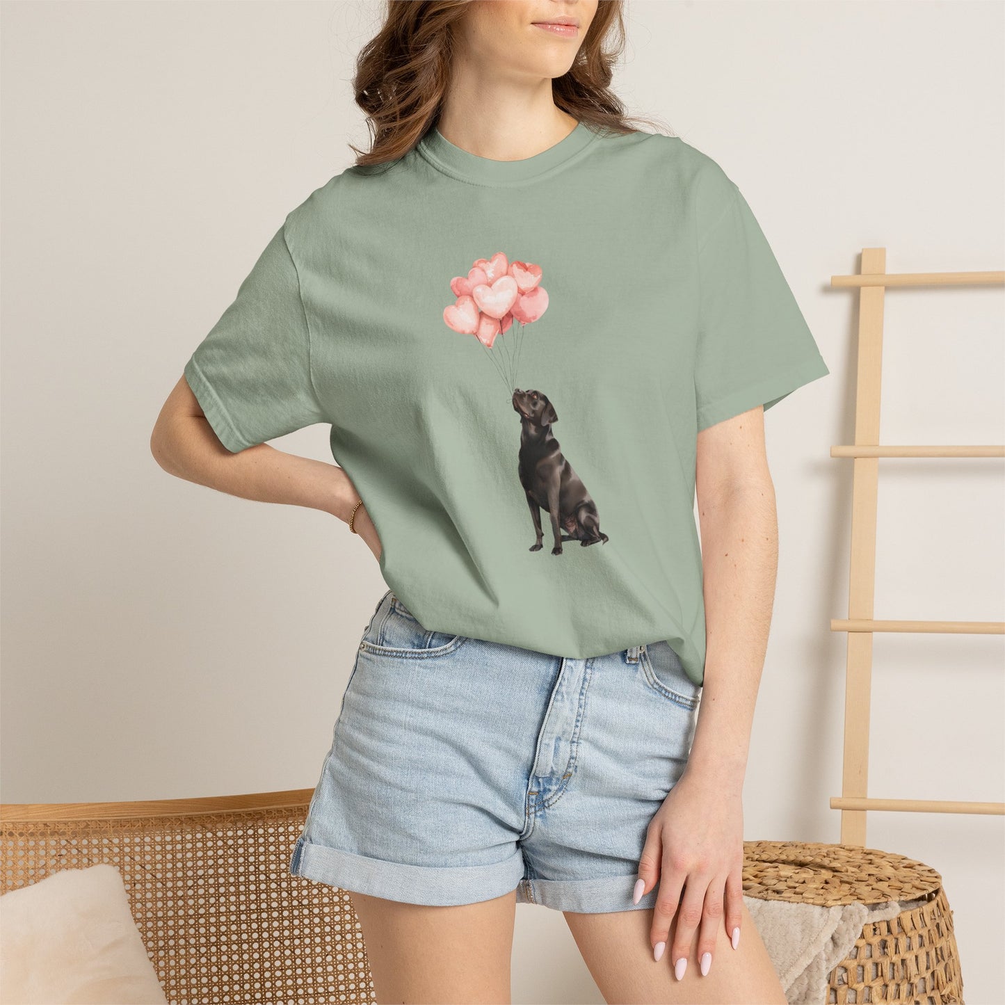 Black Labrador with Heart Balloons Comfort Colors Tee