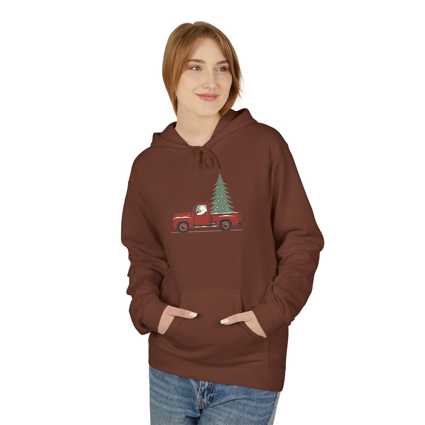 Polar Bear Evergreen Run, Vintage Red Christmas Truck Midweight Hoodie
