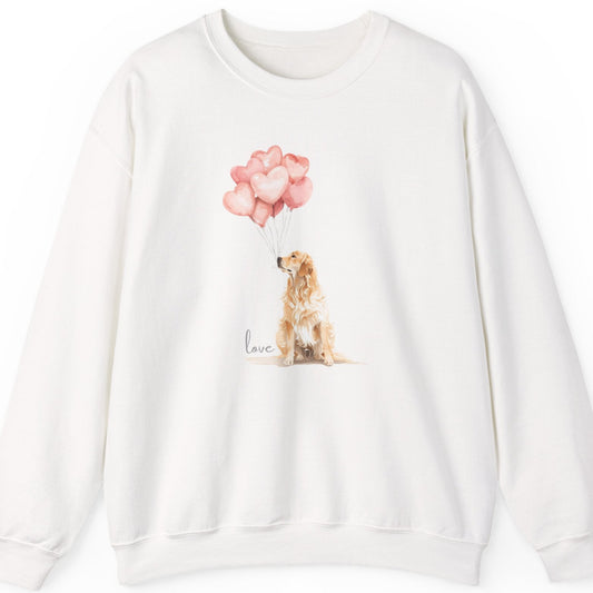 White sweatshirt with a dog and balloons design on a white background