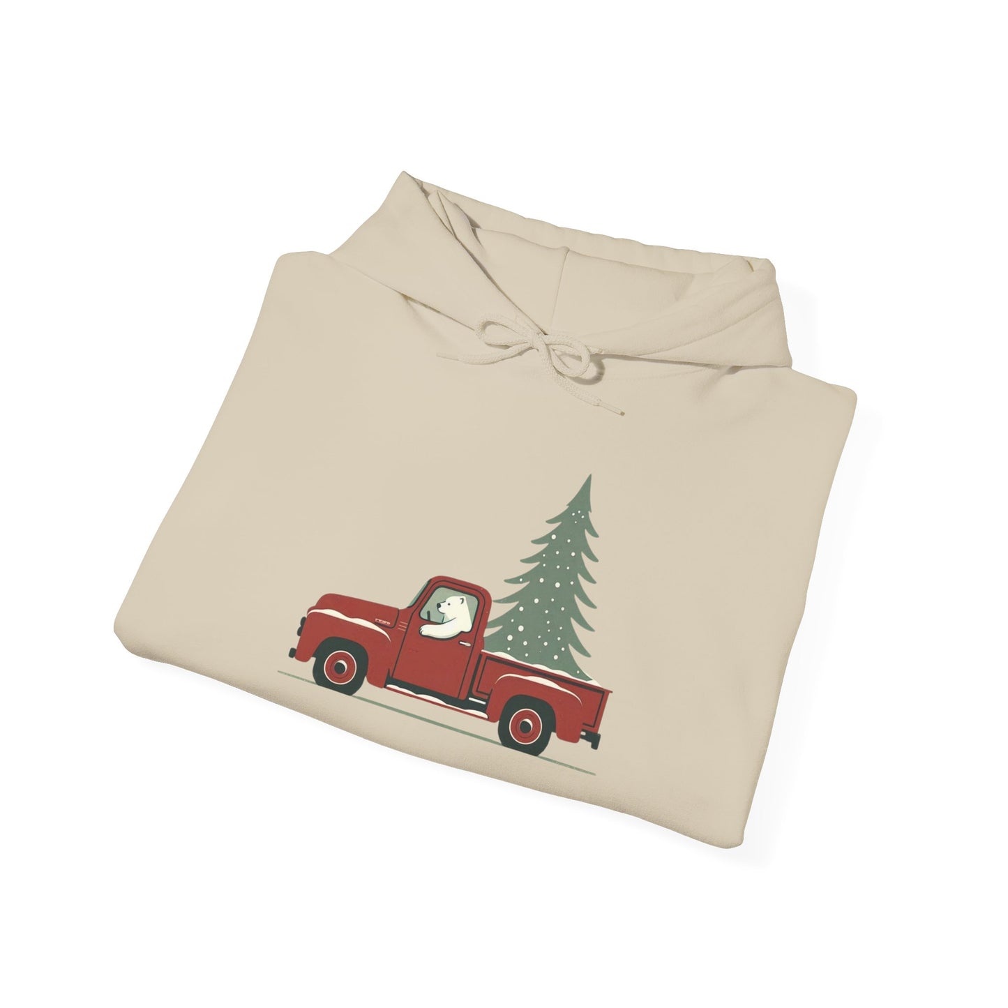 Polar Bear Evergreen Run, Vintage Red Christmas Truck Sweatshirt Heavyweight Hoodie