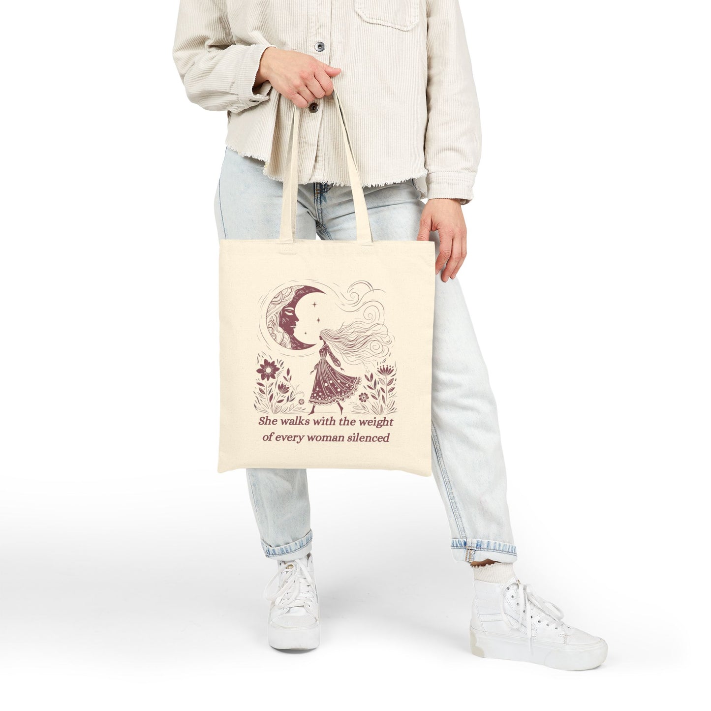 She Walks With the Weight of Every Woman Silenced Tote Bag, Feminist Quote Canvas Tote, Women’s Rights Protest Bag