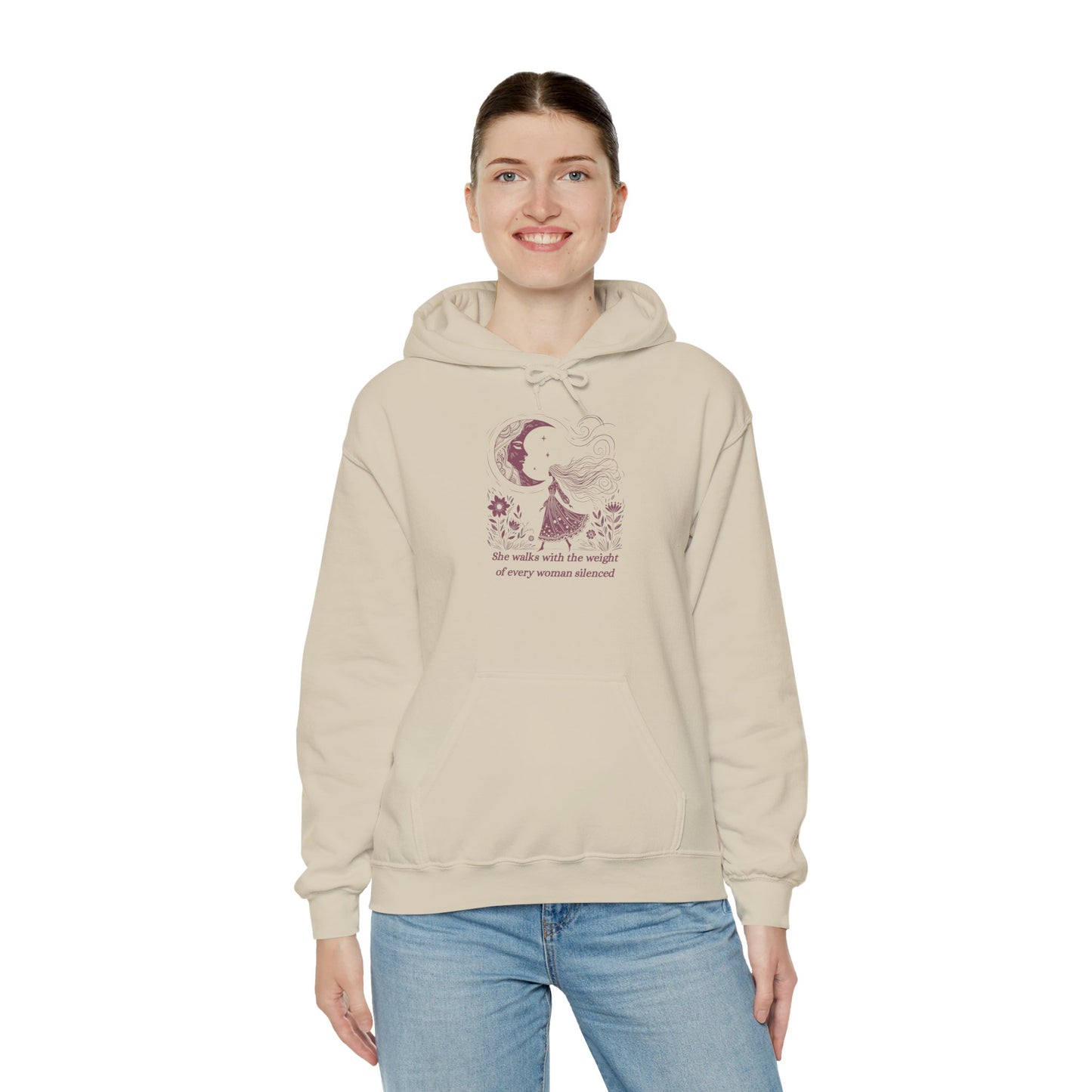She Walks with the Weight of Every Woman Silenced Hoodie, Feminist Quote Sweatshirt, Women’s Empowerment Hoodie, Boho Witchy Pullover