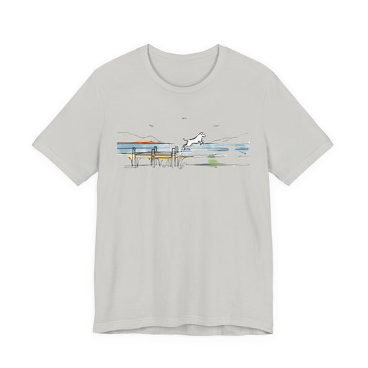 Dog Dock Jump T-Shirt, Minimalist Watercolor Lake Dog Tee | Stompy Paws
